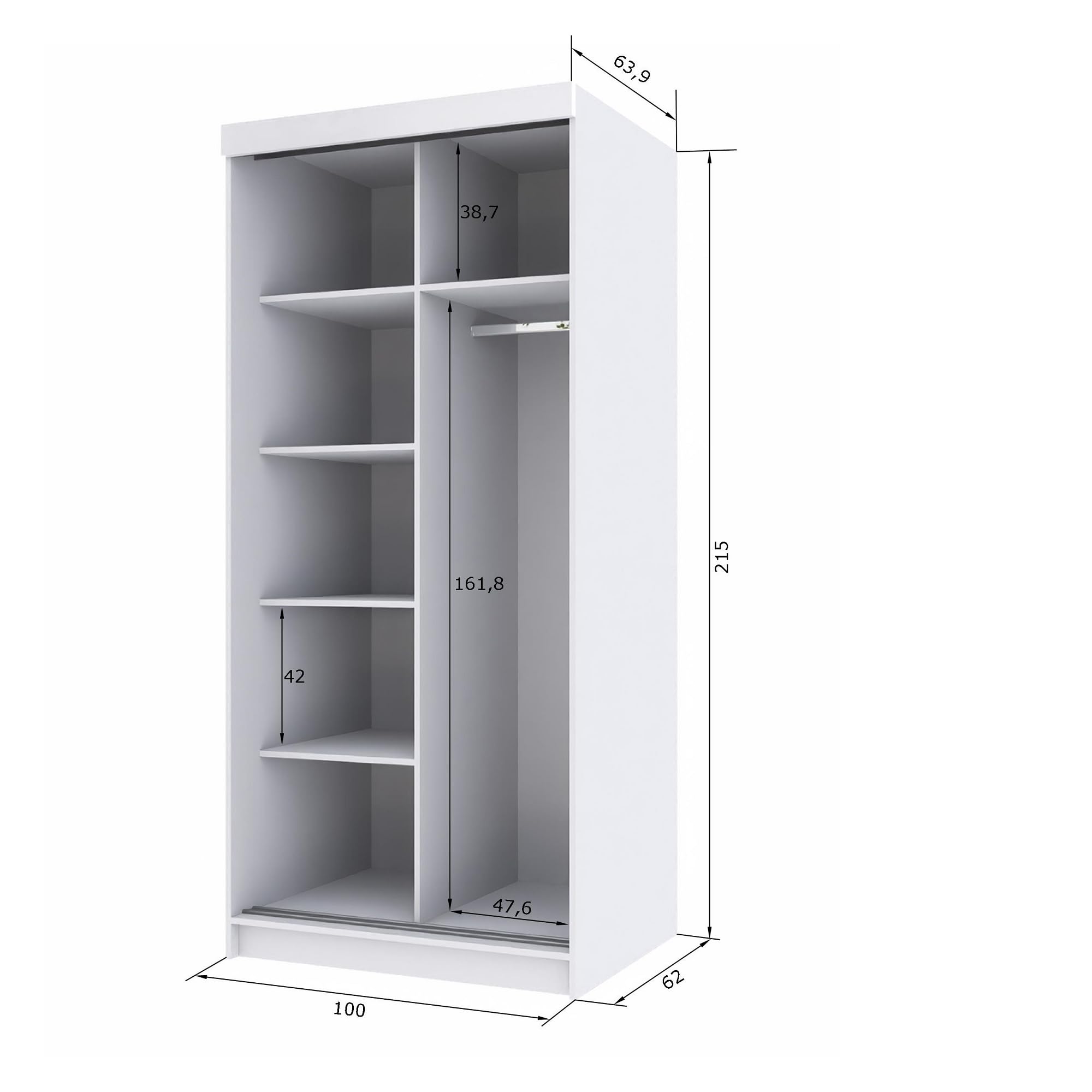 Zweitüriger Kleiderschrank 100 cm breit mit Schwebe & Schiebetüren Eckkleiderschrank Garderobenschrank Schlafzimmerschrank Dielenschrank Systemschrank Hochglanz Schrank