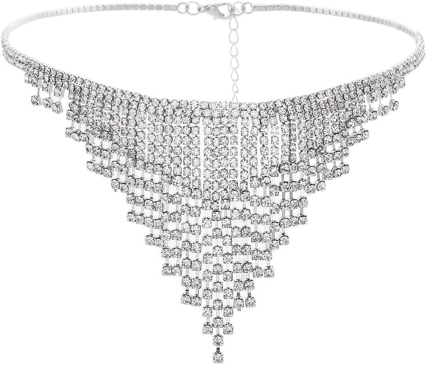 SethexyRhinestone Tassel Necklace Silver Sparkly Crystal Collar Chains Layered Necklace Wedding Nightclub Body Chain Costume Jewelry Accessories for Women