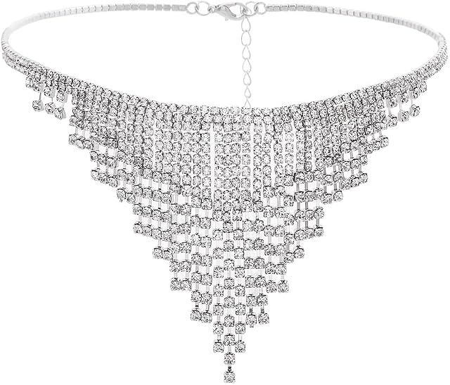 Sethexy Tassel Crystal Necklace Silver Sparkly Rhinestone Chocker Fringed Wedding Nightclub Necklace Jewelry Accessories for Women and Girls