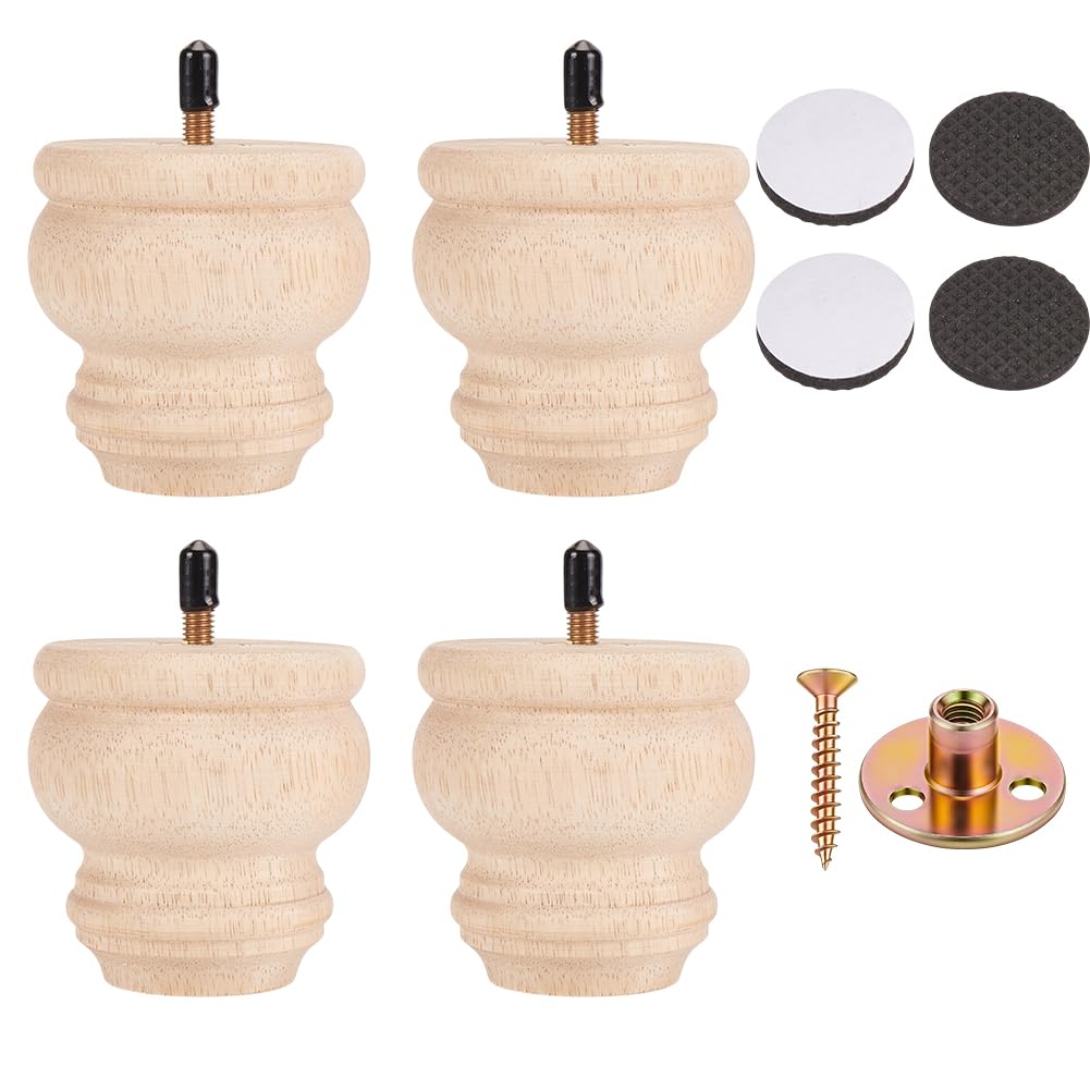 AHANDMAKER 4pcs Wooden Sofa Legs 4 Inch Furniture Replacement Legs Unfinished Bun Feet for Sofa Couch Chair Cabinet Dresser Desk Table Bed Bookcase DIY Home Improvement