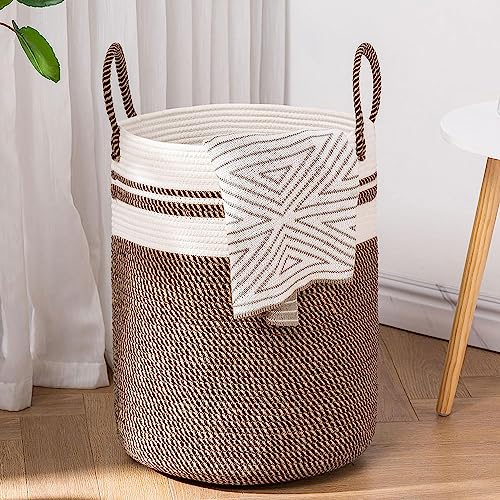 Image of Woven Rope Laundry Hamper Basket, Baby Nursery Hamper For Blanket Storage, Clothes Hamper For Laundry In Bedroom,Hall ( Tall (72L) (16 inchX16 inchX22 inch),(Camel Mix))