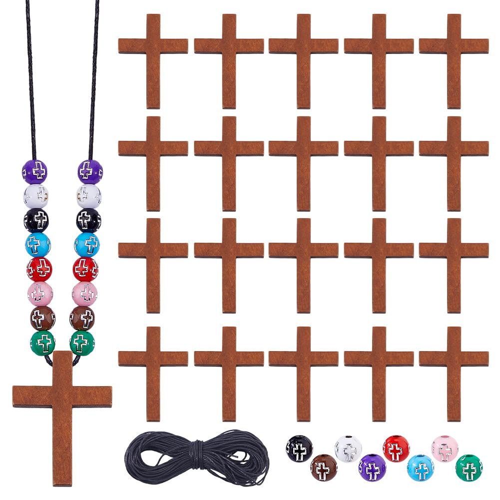 DICOSMETIC DIY Wooden Cross Necklaces on Cord Pendant Necklace Religious Crafts Including 320Pcs 8 Colors Plating Acrylic Beads 20Pcs Wood Cross Charms and 20 Yards Waxed Cotton Thread Cords