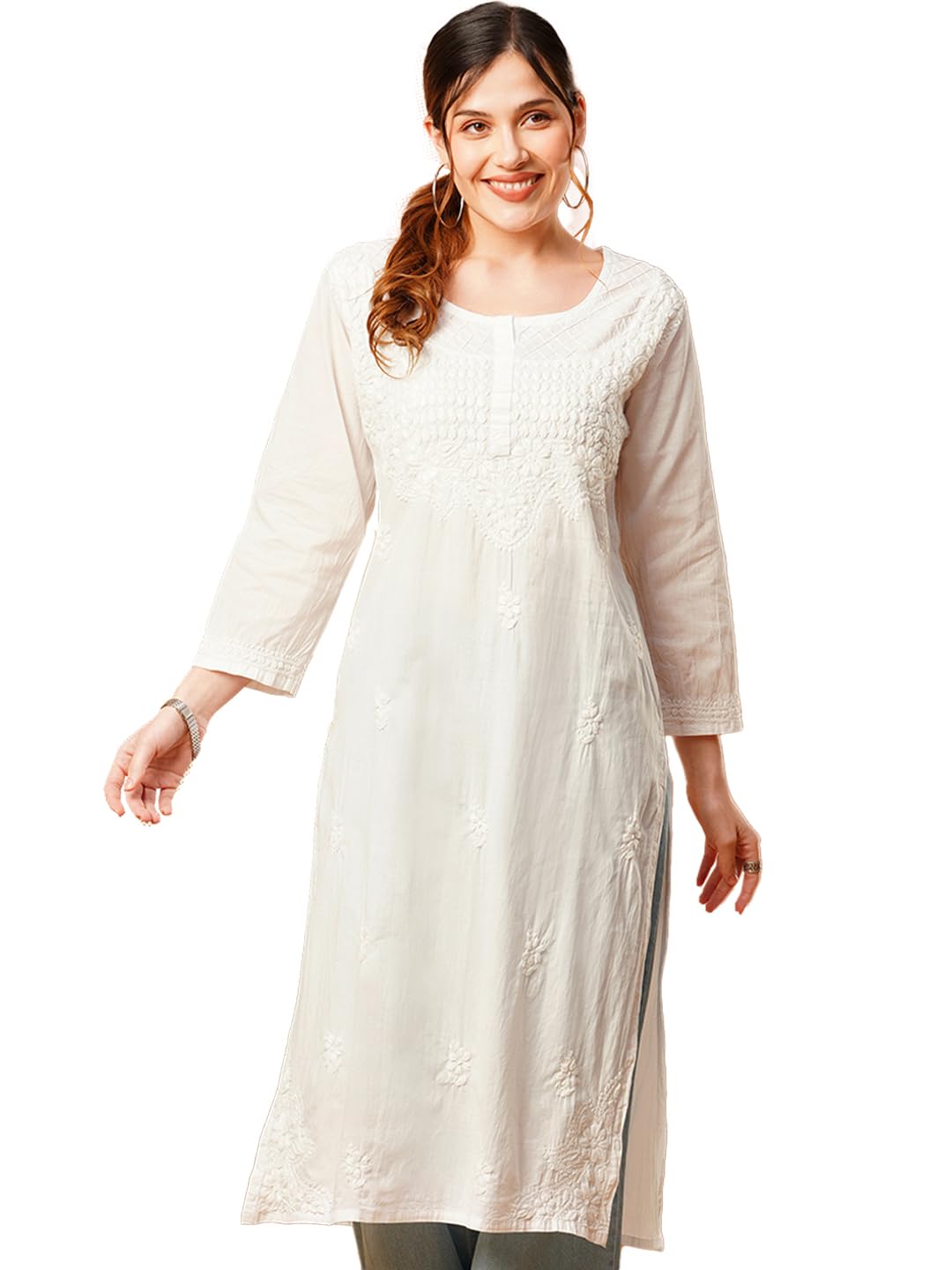 Ada Handcrafted Indian Chikankari Pure Cotton Kurti Kurta for Women A332395