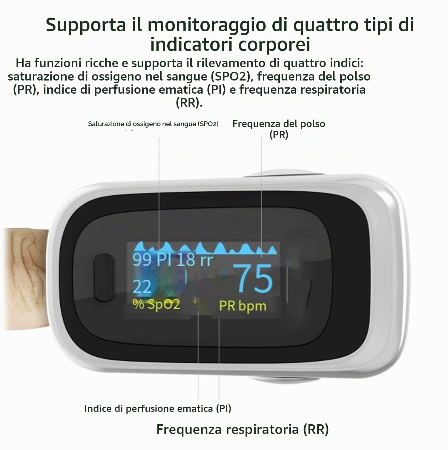 Saturimetro Da Dito Professionale, Display OLED 2 Colori Pulsossimetro Da Dito Con Monitor Livello Spo2 E Frequenza Del Polso Misuratore Ossigeno Da Dito Per Adulti E Bambini