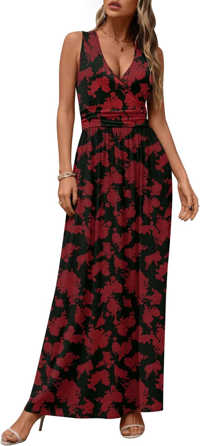 CATHY Women's Casual Sleeveless Deep V Neck Beach Waist Maxi Dresses with Pockets