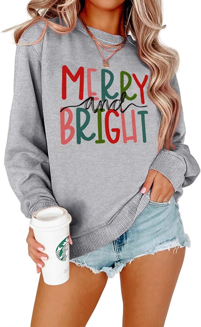 MODNTOGA Women's Merry and Bright Crewneck Sweatshirt Long Sleeve Merry Christmas Sweatshirt Retro Fall Winter Pullover Tops