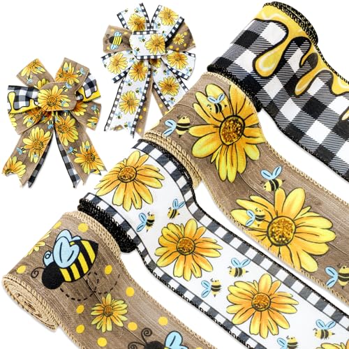 JarThenaAMCS Sunflower Bee Wired Edge Ribbon Bumble Bee Flower Plaid Ribbon Summer Decorative Fabric Ribbons for Wreath Bow Making DIY Crafts Wrapping 4 Rolls 24 Yard