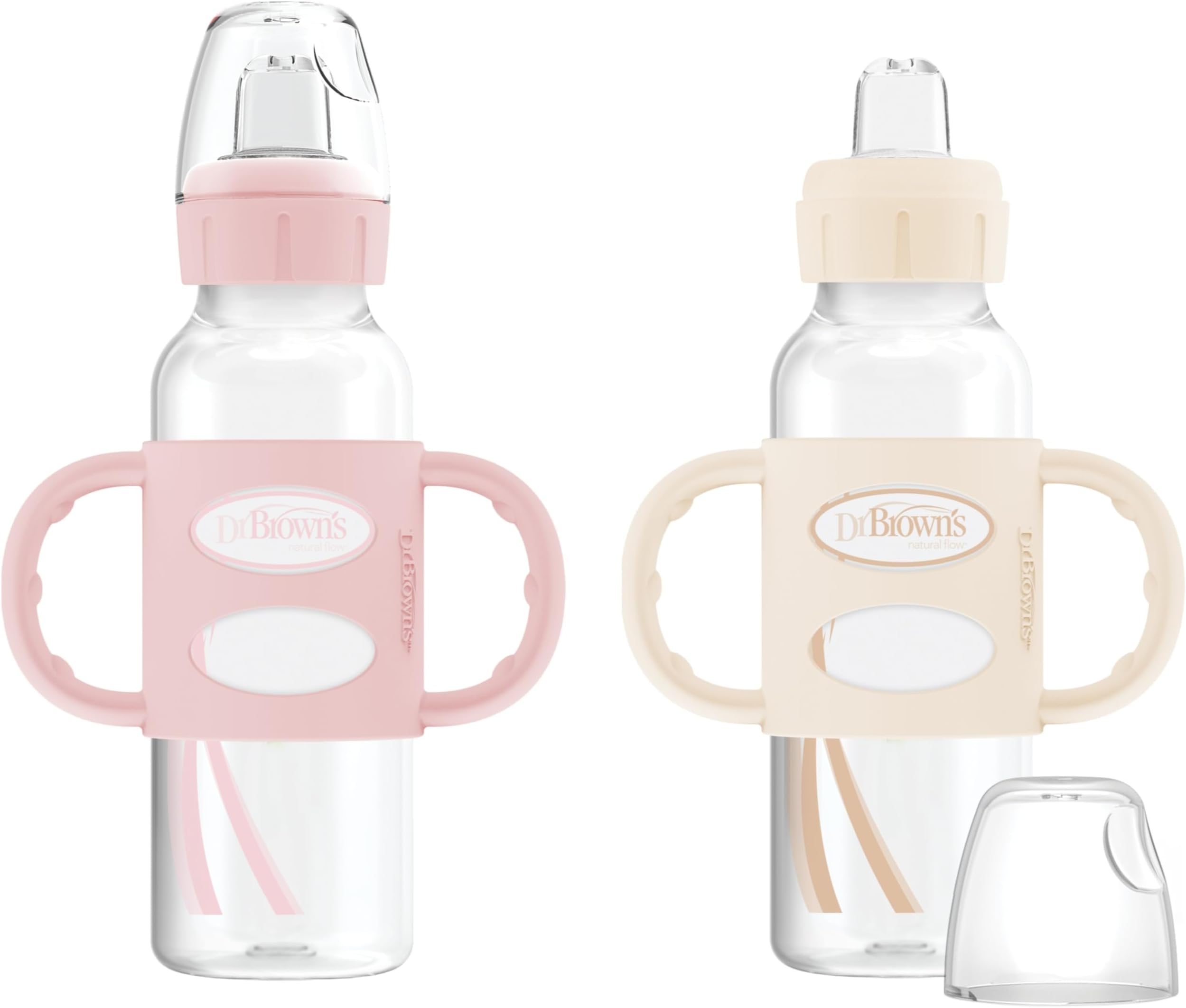 Dr. Brown's Milestones Narrow Sippy Spout Bottle with 100% Silicone, Easy-Grip Handles and Soft Sippy Spout, 8oz/250mL, Light Pink and Ecru, 2-Pack, 6m+