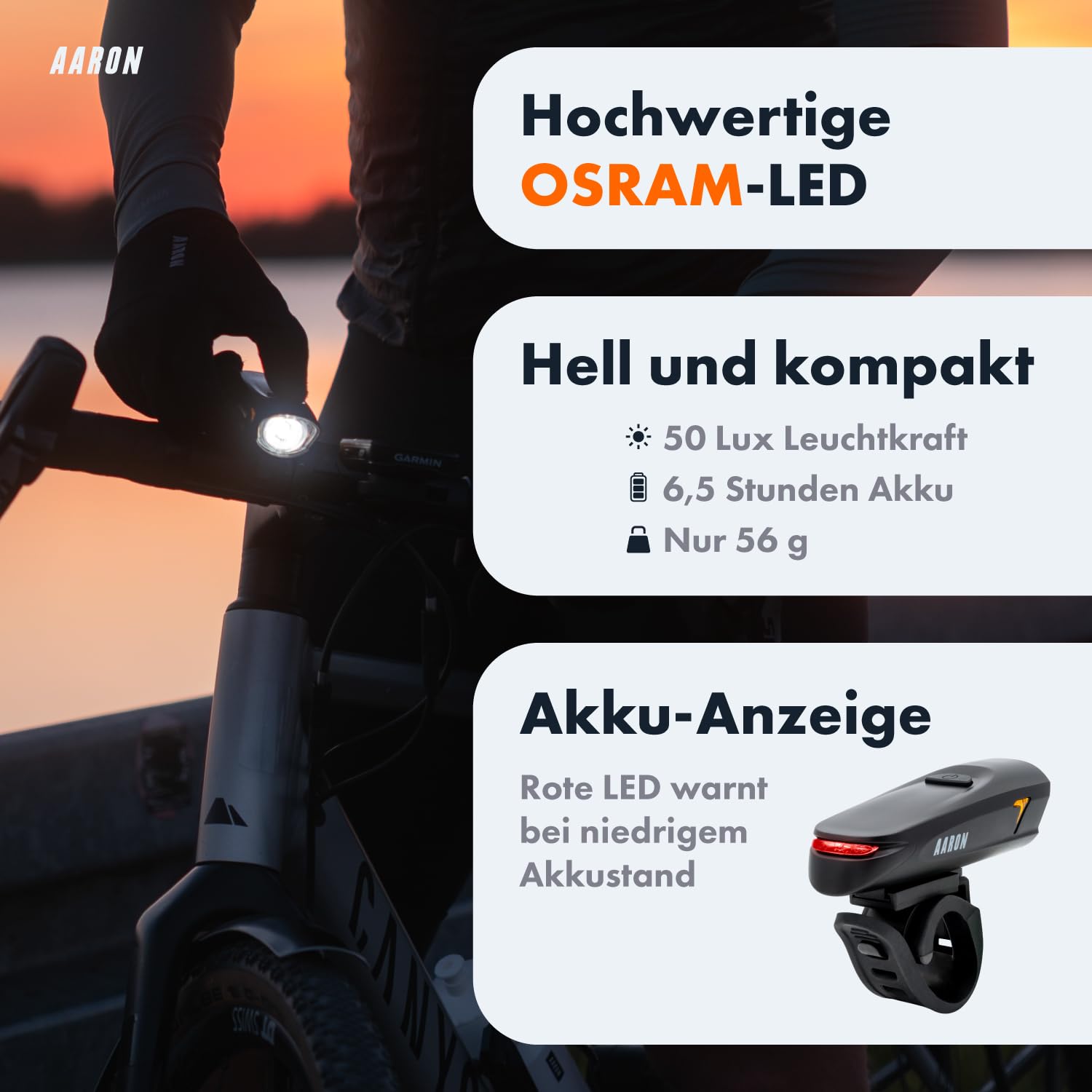 AARON LED Fahrradlicht USB aufladbar Set (6,5h Leuchtdauer), StVZO Zulassung - Akku Fahrrad Licht Set regenfest - Fahrradbeleuchtung