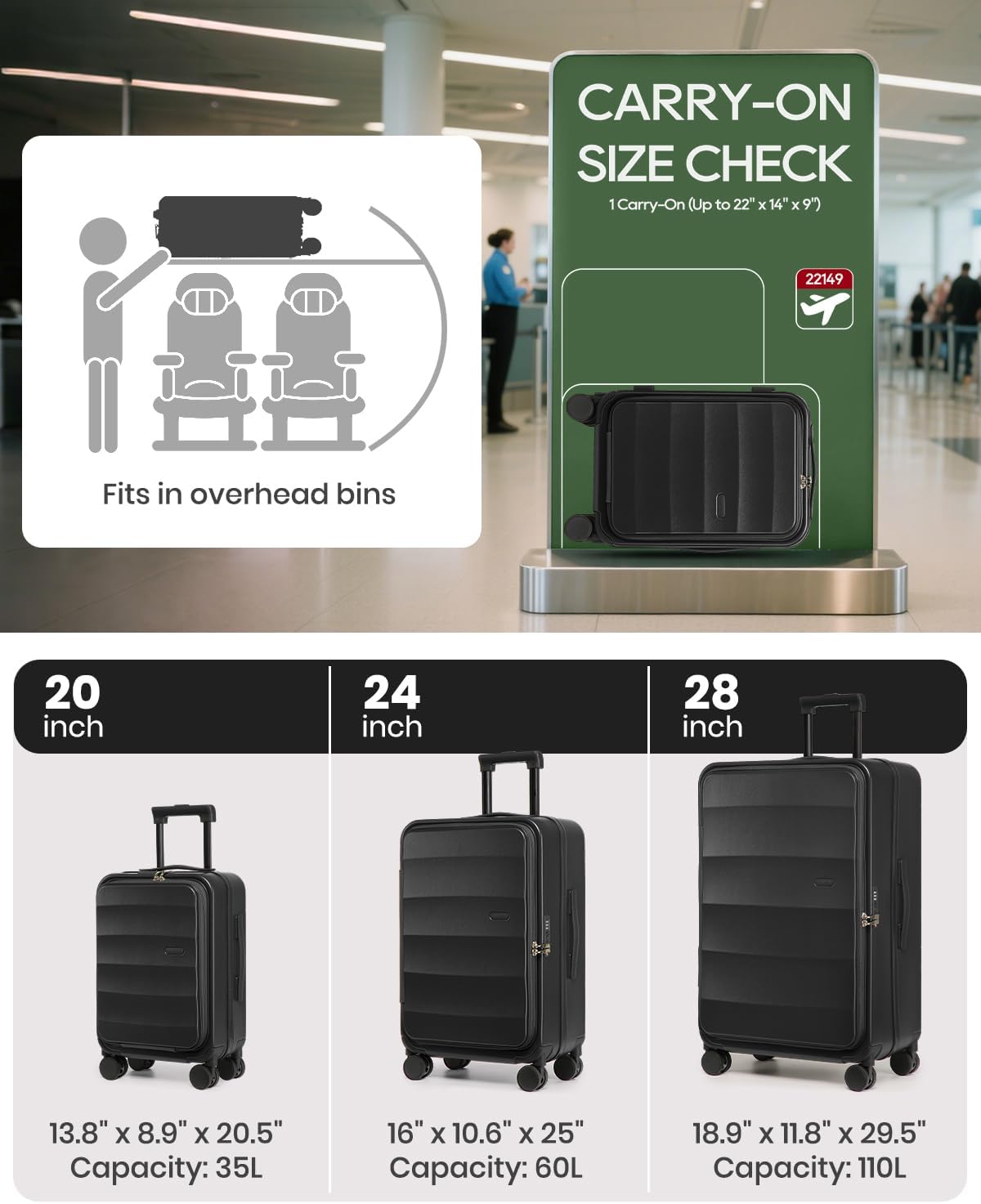 Joyway Luggage Set 3 Piece Top Opening Suitcase Set with Spinner Wheel and TSA Lock, PC Hard Shell Carry on Luggage with Front Pocket for Woman Men (Black) - Image 2