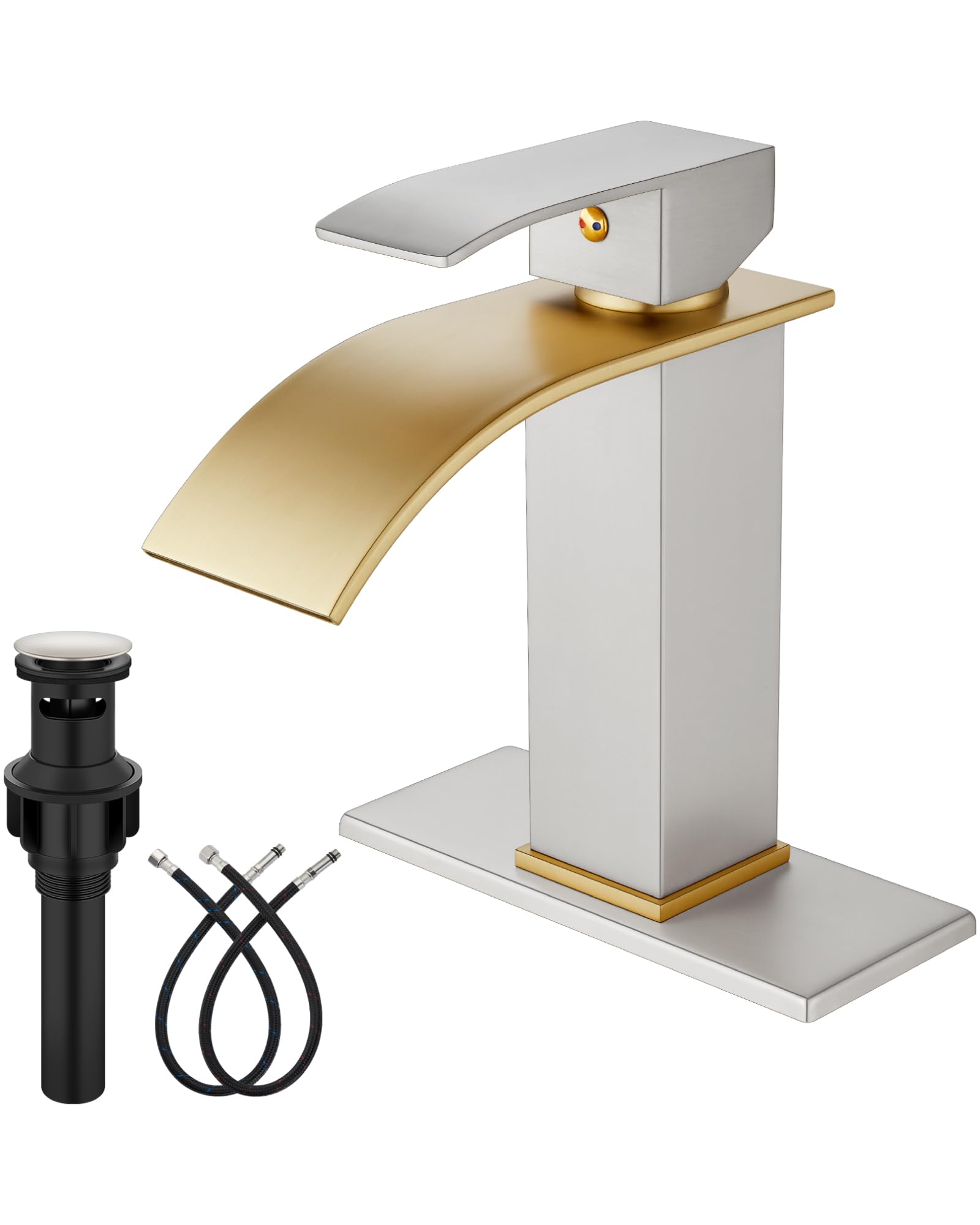 Midanya Bathroom Faucet with Waterfall Spout, Single Hole or 3-Hole Deck Mount, 304 Stainless Steel Sink Faucet with Pop-Up Drain, RV Vanity