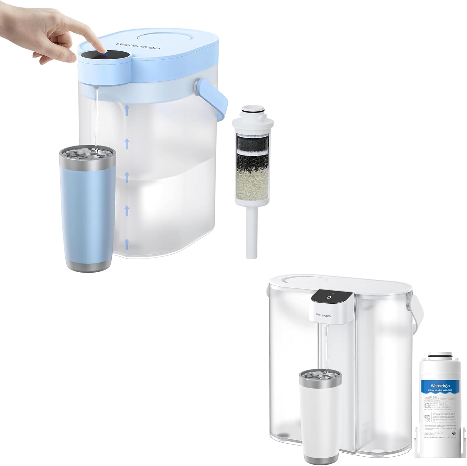 Waterdrop Compact Electric Water Filter Pitcher, Dispenser & Waterdrop FreshTaste Rechargeable Electric Water Filter Pitcher