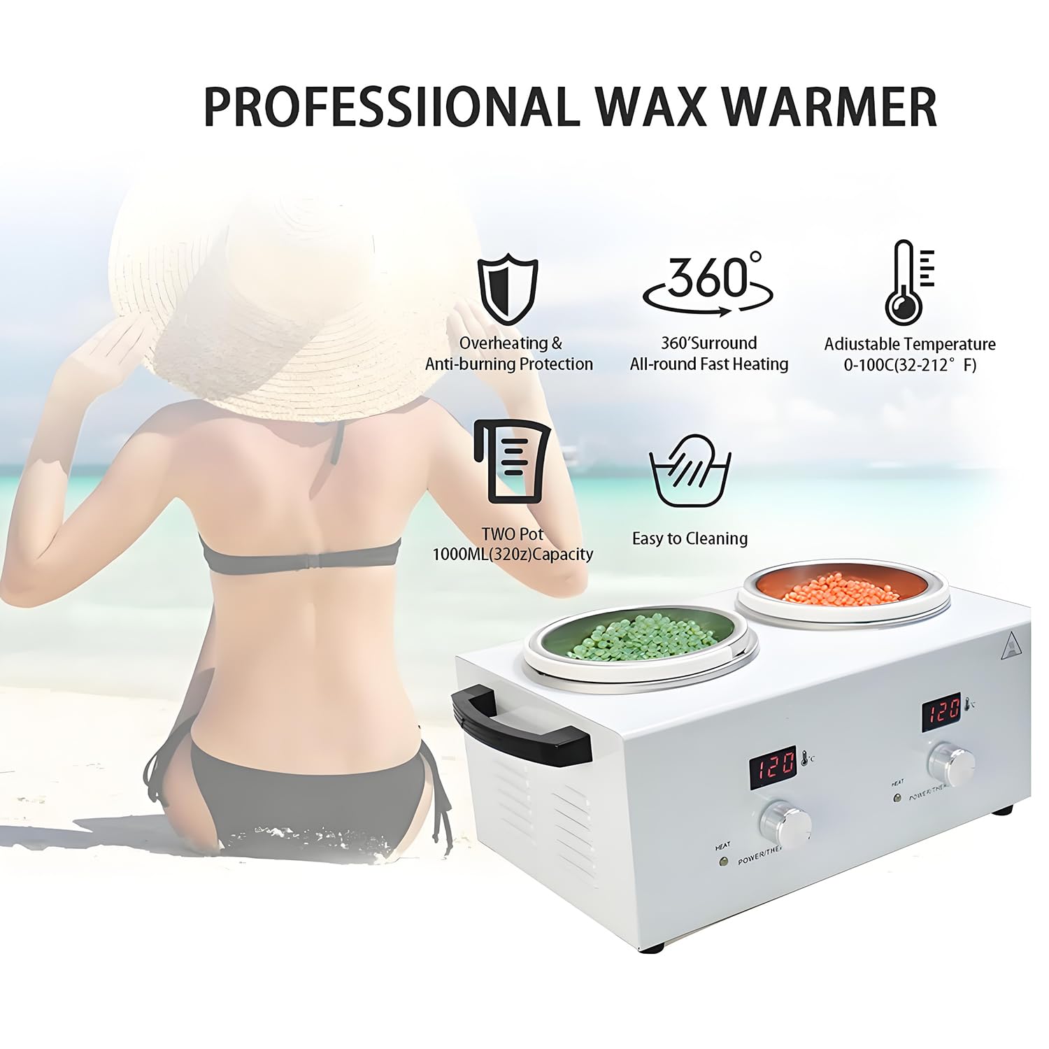 Pantalla Digital De Calentador De Cera Doble, Kit De Cera De La Nariz De 1000 Ml, Cera De Depilación con Juego De Temperatura Ajustable, Kits De Cera Caliente, Suministros De Vela Perfumada con Vela