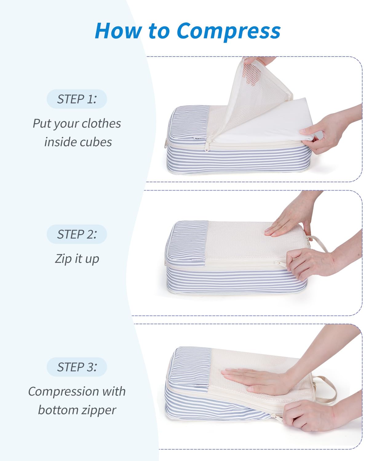 Narwey Organizer Valigia 6 Pezzi Packing Cubes Compression, Organizer Valigia Viaggio Compressione Salvaspazio, Viaggio Accessori Utili per Vestiti Scarpe Deposito (Strisce Blu Grigiastro)