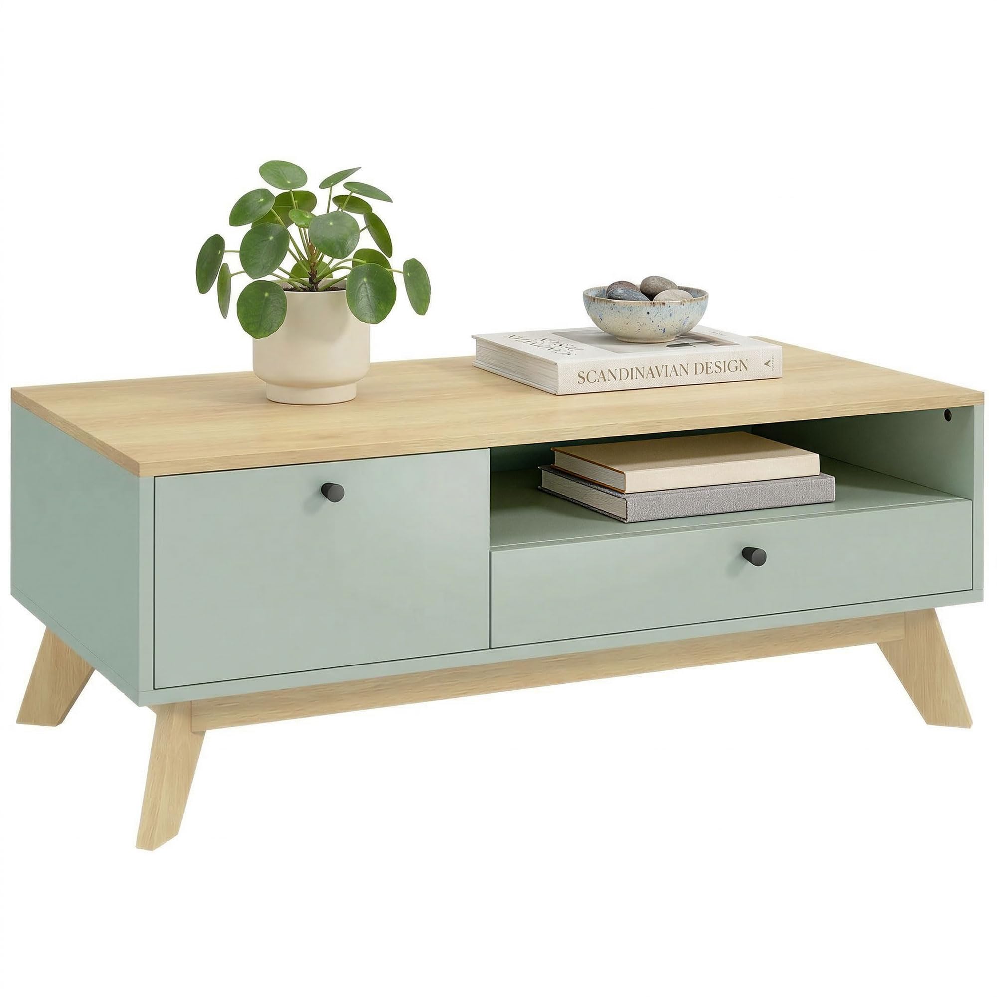 HOMCOM Table Basse de Salon Tiroir 100 x 50 x 40 cm Vert Clair et Chêne
