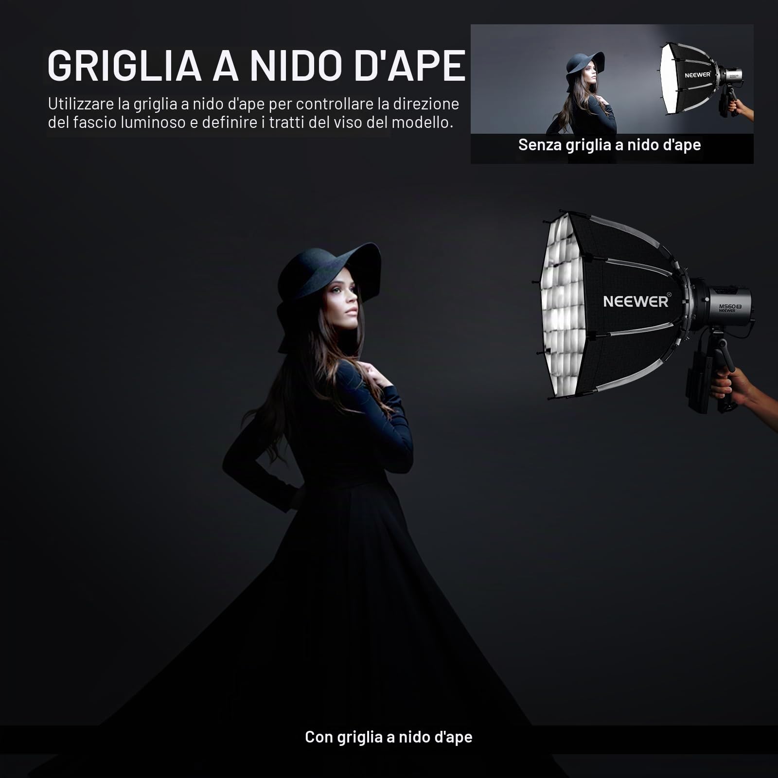 NEEWER 45cm Softbox Ottagonale con Attacco Bowens, Piegatura Rapida con Diffusori/Griglia a Nido d'Ape/Borsa per Q4 RGB CB60 MS60B MS60C MS150B Compatibile con Godox Aputure Luce Video da Studio, NS1P