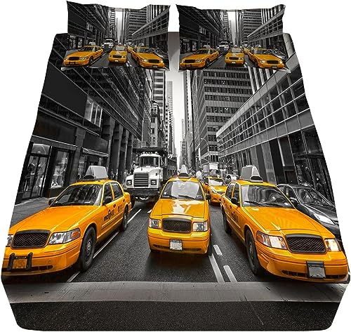 Drap Housse 140x190 cm New York, 3D Taxi Jaune Drap-Housse 140x190 cm - pour lit de 140 x 190 à 30 cm - Hauteur du Matelas, Drap Housse 2 Personnes avec 1...