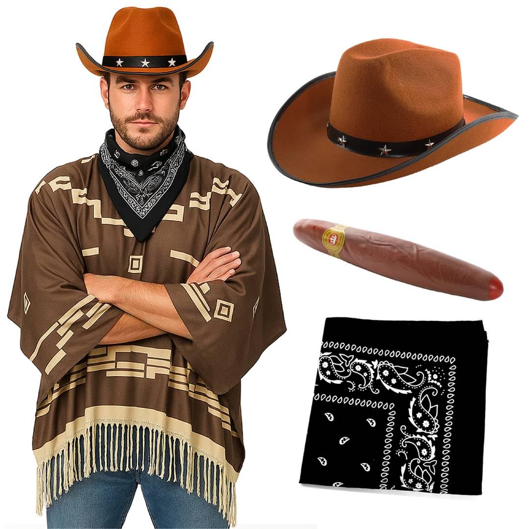 Adults Wild West Cowboy Costume Set - Brown Geometric Poncho with Tasseled Hem, Star Studded Brown Hat, Black Paisley Bandana & Plastic Cigar - Deluxe Spaghetti Western Outlaw Fancy Dress