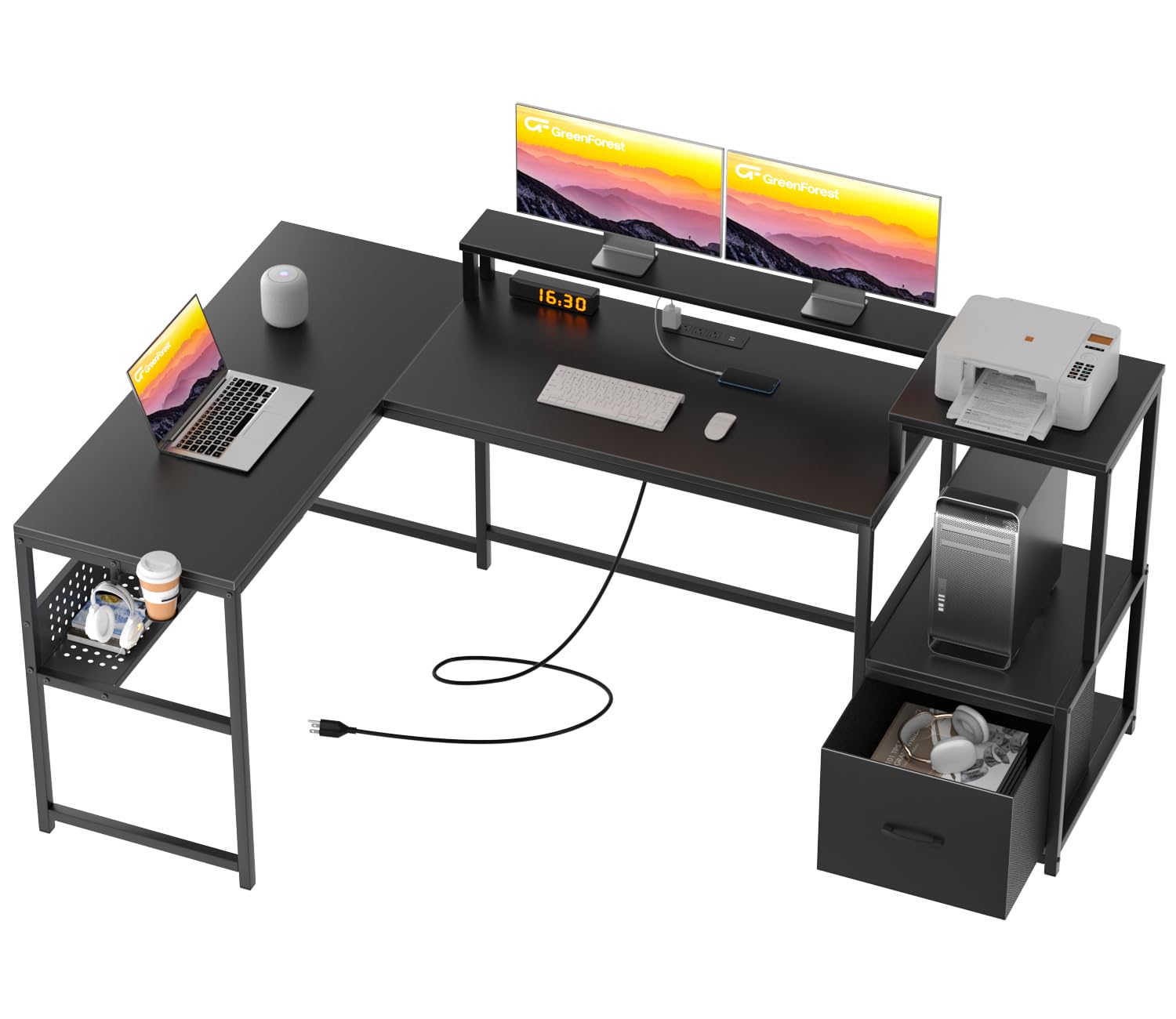 Photo 1 of GreenForest 69 inch L Shaped Computer Desk with Drawers and Printer Stand, Gaming Desk with Power Outlet, Monitor Shelf, Storage Shelves and Hooks for Home Office Working, Writing, Studying, Black