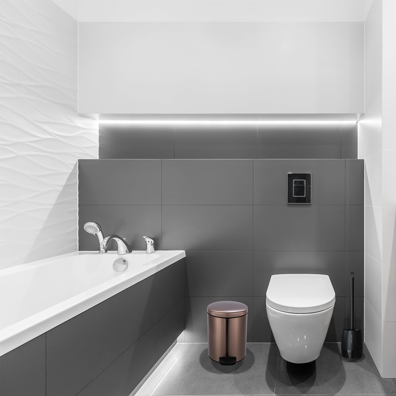 5L Papelera Baño con Pedales, Acero Inoxidable, Oro Rosa Papelera Baño Pequeña con Cepillo Para Inodoro, Diseño Compacto y Moderno, con Tambor Interior Extraíble y Cierre Suave, Para Pequeñas Oficinas