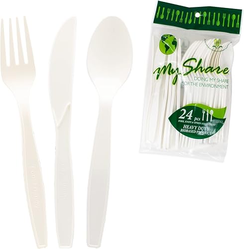 Miniatura 2 de PSM - Juego de cuchillos, tenedores y cucharas de almidón de maíz al 70 %, material de plastark, resistente al calor, fuerte y duradero, 24 unidades