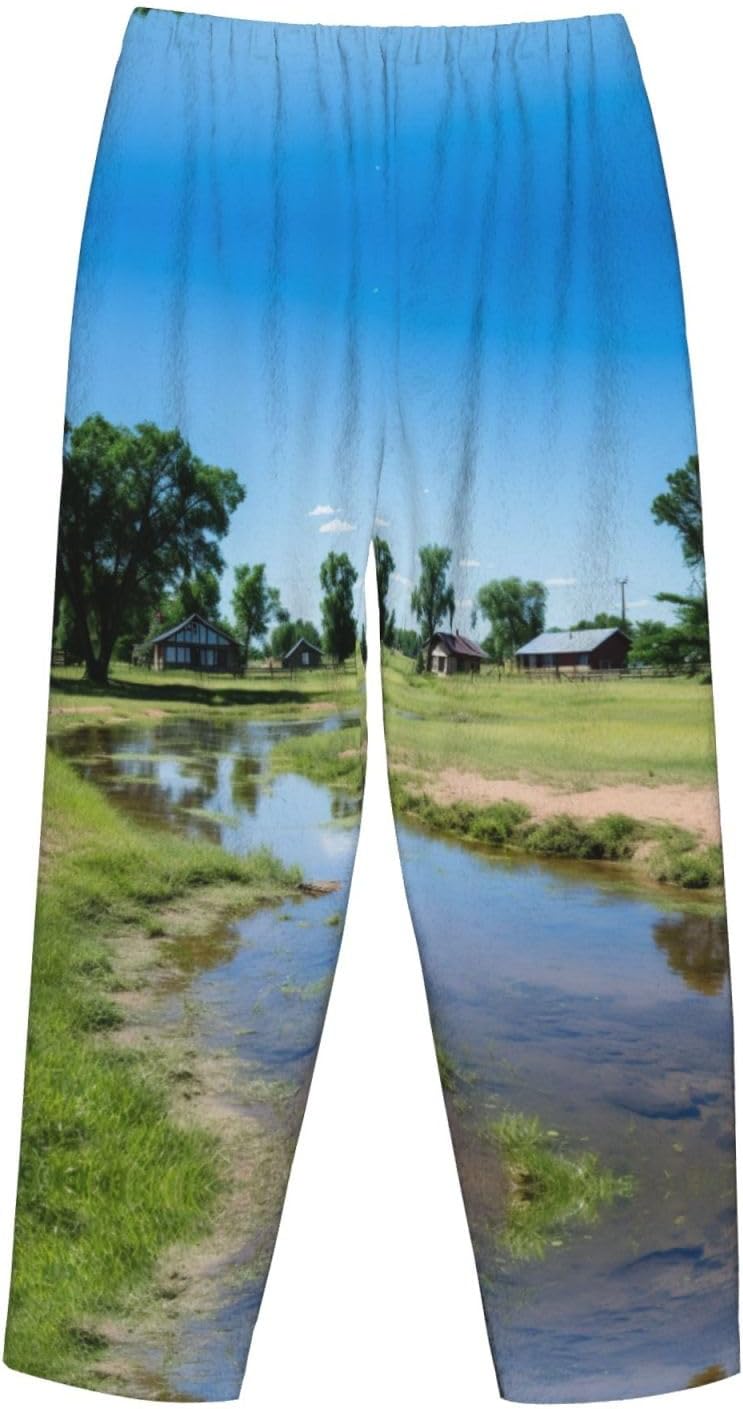 Farm Houses Windmill Tractor Print Cozy Women'S Flannel Pajama Pants,Perfect For Christmas And Everyday Comfort