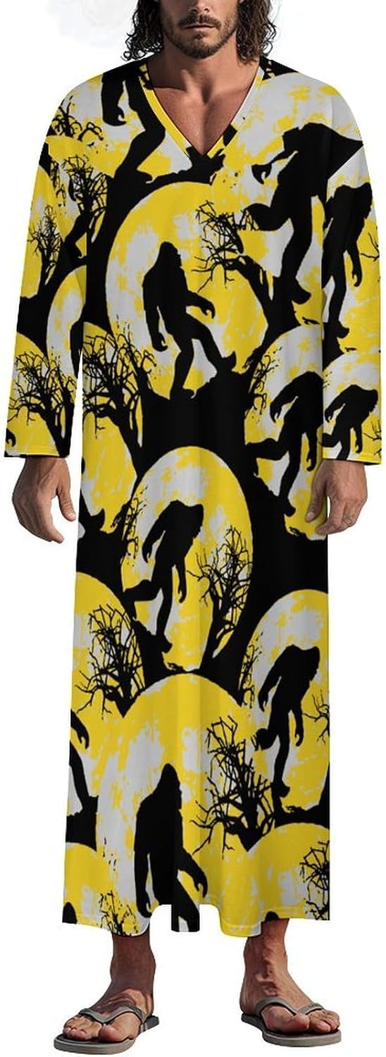 Bigfoot Sasquatch Full Moon Men's Kaftan Thobe Long Sleeve Robe V Neck Casual Gown