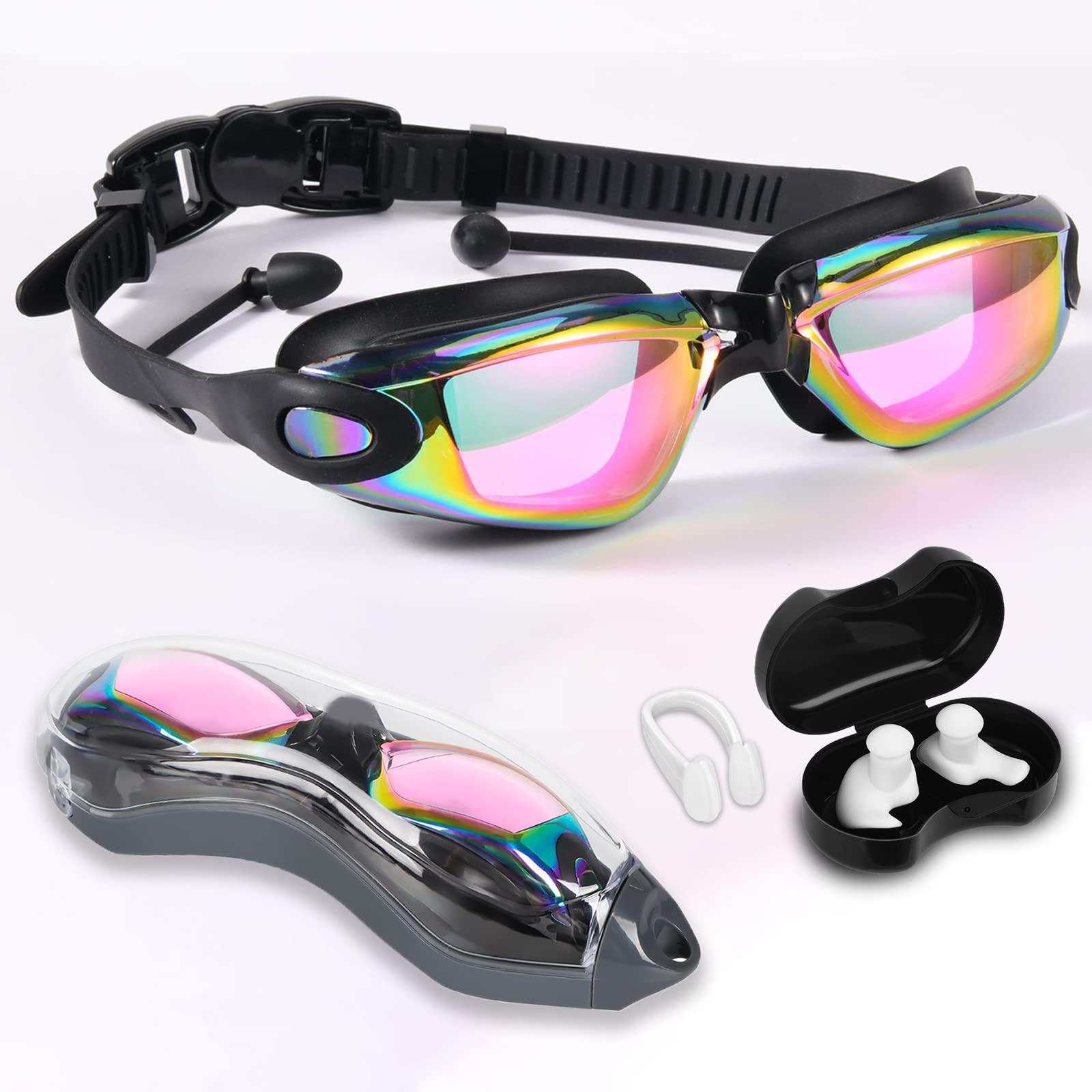 ARABARA Adult Swimming Goggles for Women Men, 100% Anti Fog UV Protection Swim Goggles with Waterproof Ear Plugs, Silicone Nose Cover, No Leaking