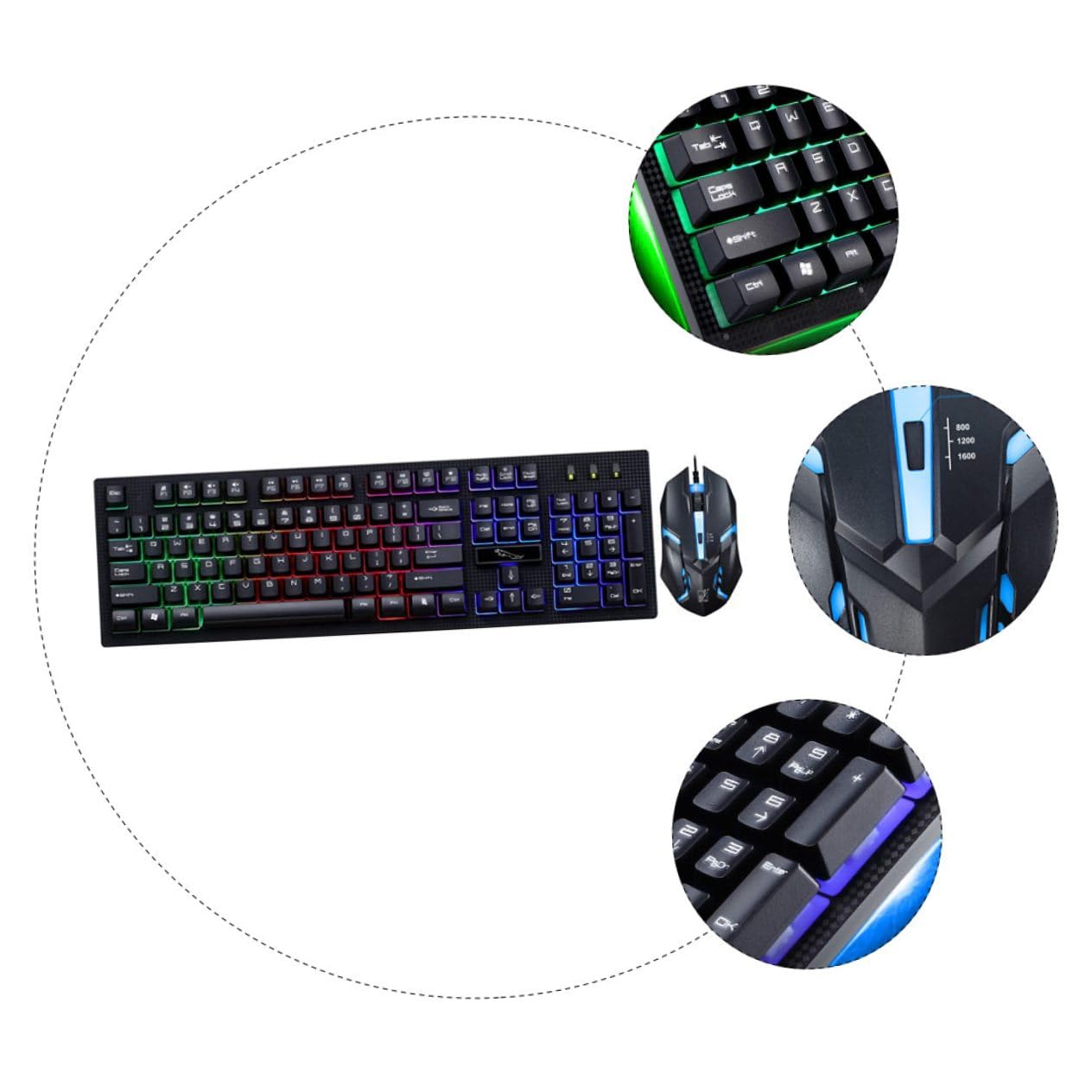 Ensemble Clavier et Souris Gaming USB Filaire, 104 Touches, Touches Lumineuses, Plastique, Jeu Bureau Café