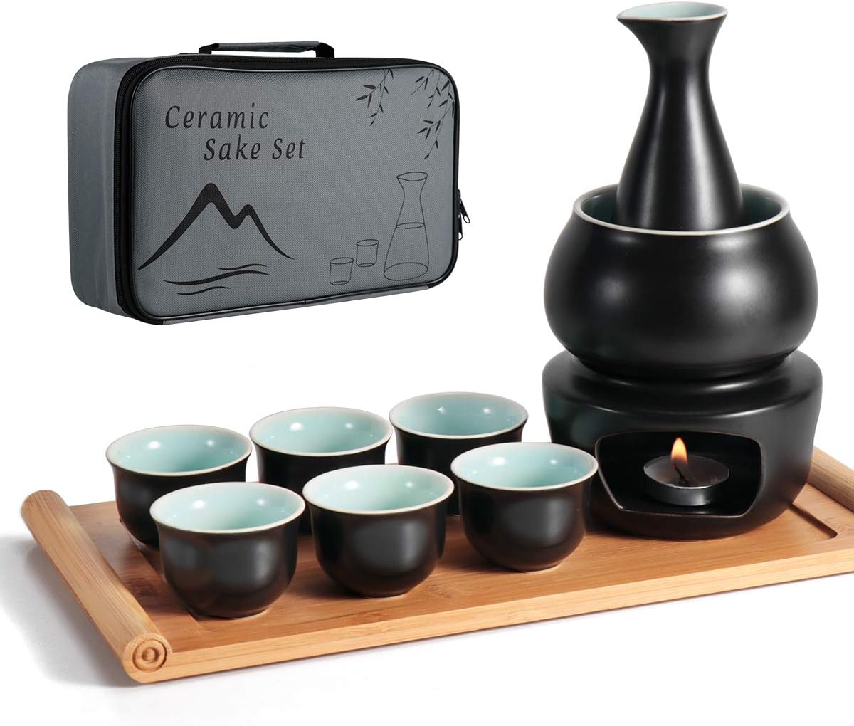 Ceramic Sake Set + Warmer Pot Bamboo Tray, Stovetop Safe Traditional Japanese Pottery Hot Saki Drink, 10-Piece Include 1 Stove 1 Warming Bowl 1 Sake Bottle 1 Tray 6 Cup + Sake Storage Gift Box (Black)