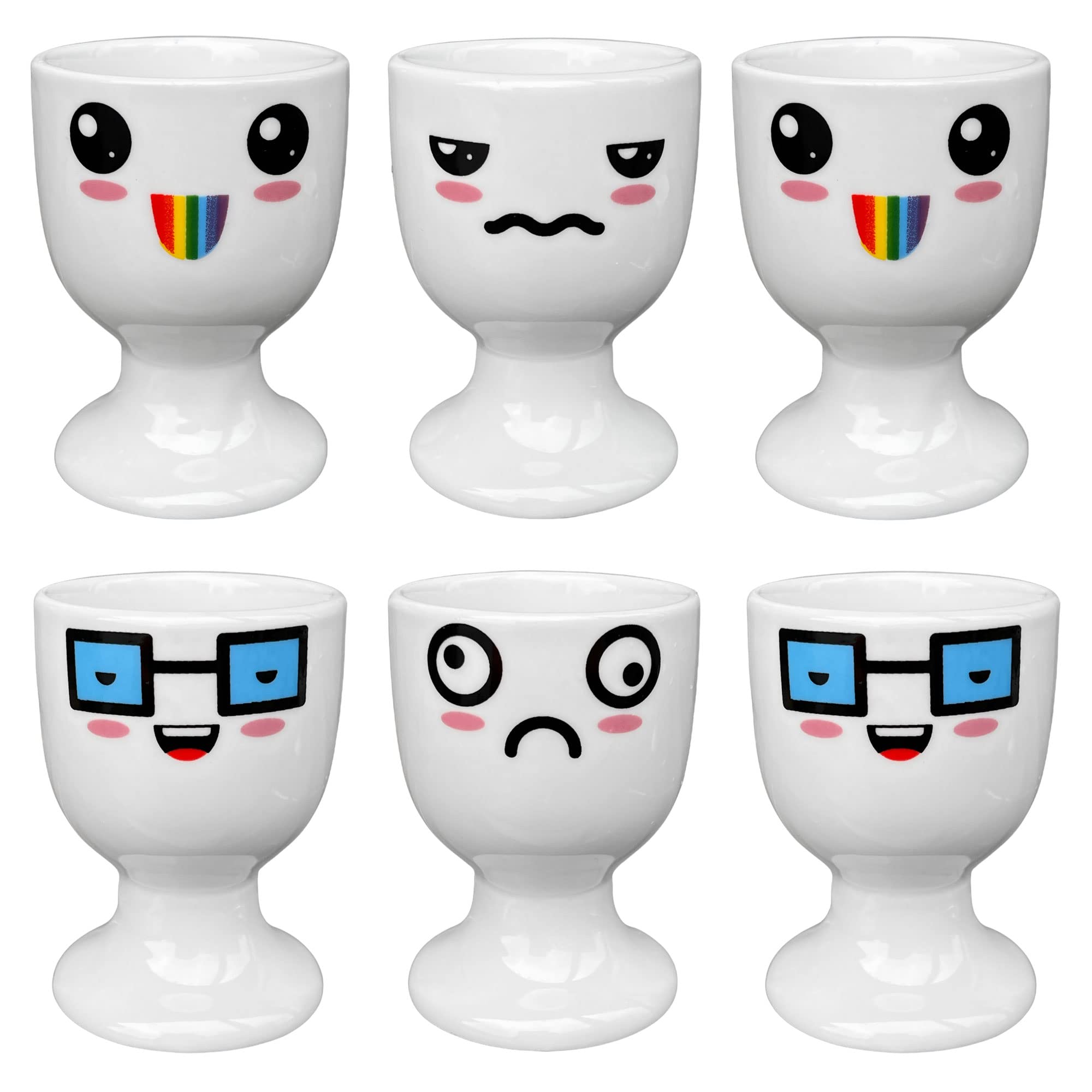 MIJOMA Set di 6 portauova, portauova, bianco con facce, decorazione #3, in porcellana, 6,5 x 5 cm