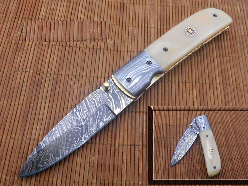 Straight back folding knife made with hand forged Damascus steel Blade, Camel bone scale with Damascus bolster, Overall 7.75