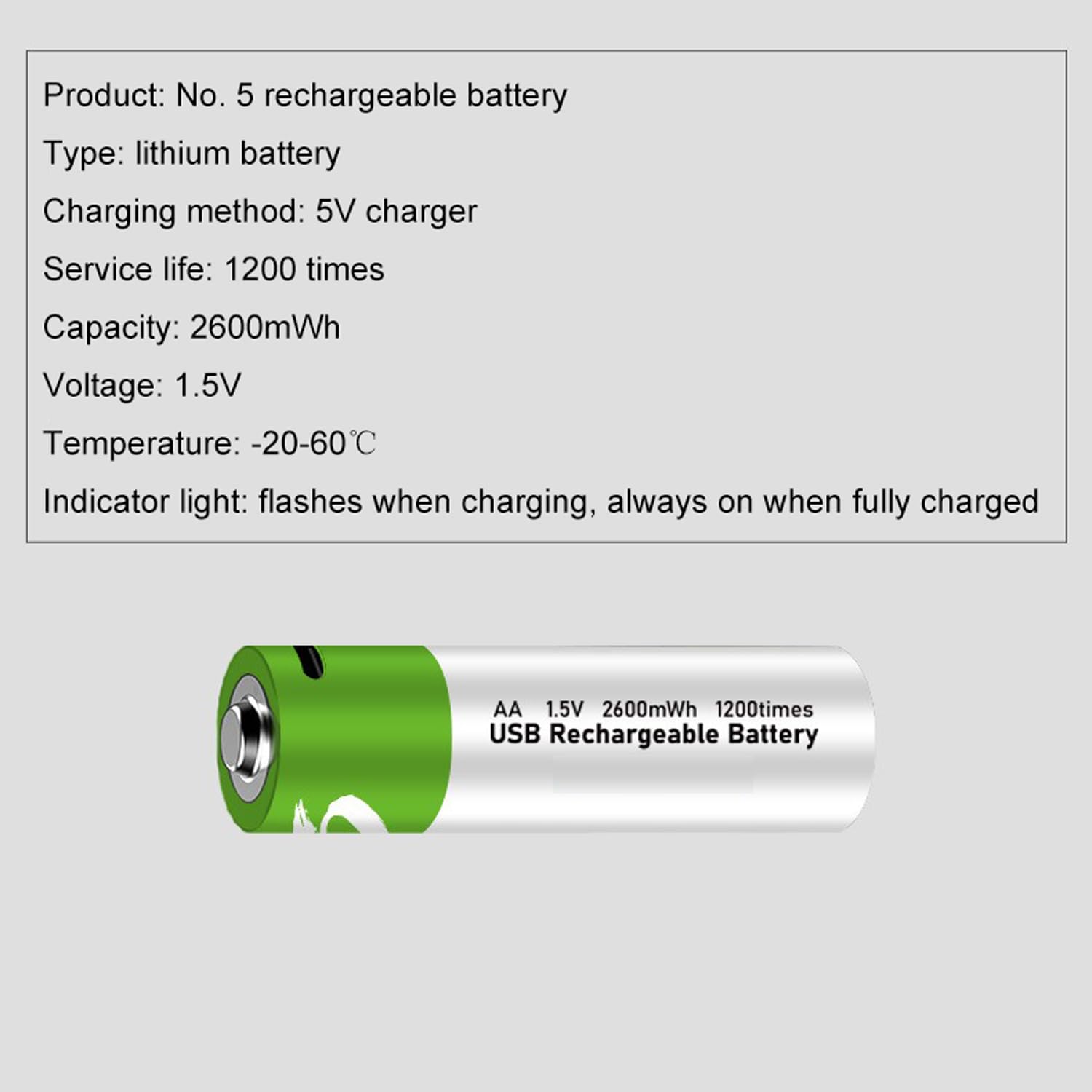 Batterie Lithium-ION USB AA/AAA 1,5 V 2600 mWh Batterie Rechargeable AA 1,5 V 750 mWh Batterie AAA Charge Rapide 1200 Cycles avec câble de Type C 2/4 Paquets