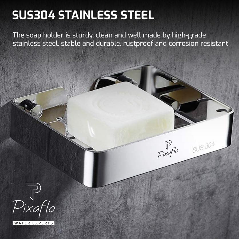 Image of Pixaflo Stainless Steel 304 Grade Bathroom Soap Holder /Soap Stand /Soap Dish | Wall-Mounted | Durable | Anti-Rust | Sleek Black Finish | Bathroom Accessories | Chrome