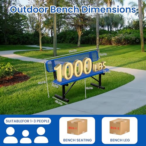 Image of 6FT Outdoor Metal Bench Park Benches for Outside, Blue Heavy Duty Long Steel Bench with Back, Commercial Garden Bench Expanded Metal Bench Seat for Lawn, Park, Deck, Garden, Patio, Porch