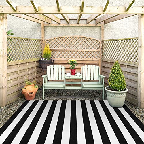 Black And White Striped Rug 5' 7" X 7' 7" Washable Large Patio Rug Cotton Hand-Woven Indoor Outdoor Rug Farmhouse Casual Flatweave Rug Floor Carpet For Porch Decor/Backyard/Dining Room/Entryway #TOP2