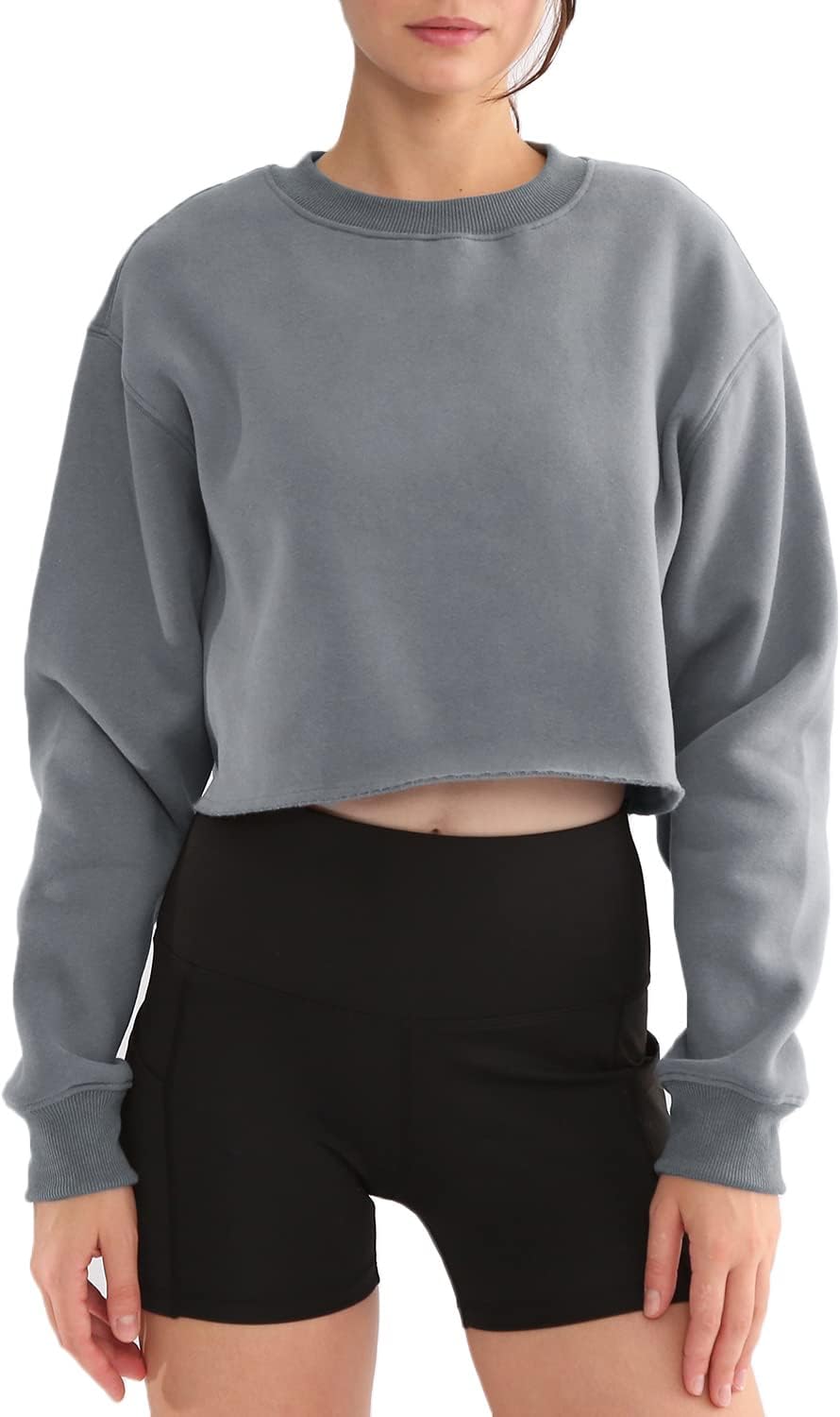 Amazhiyu Women' s Pullover Cropped Sweatshirt Crew Neck Long Sleeve Fleece Crop Tops