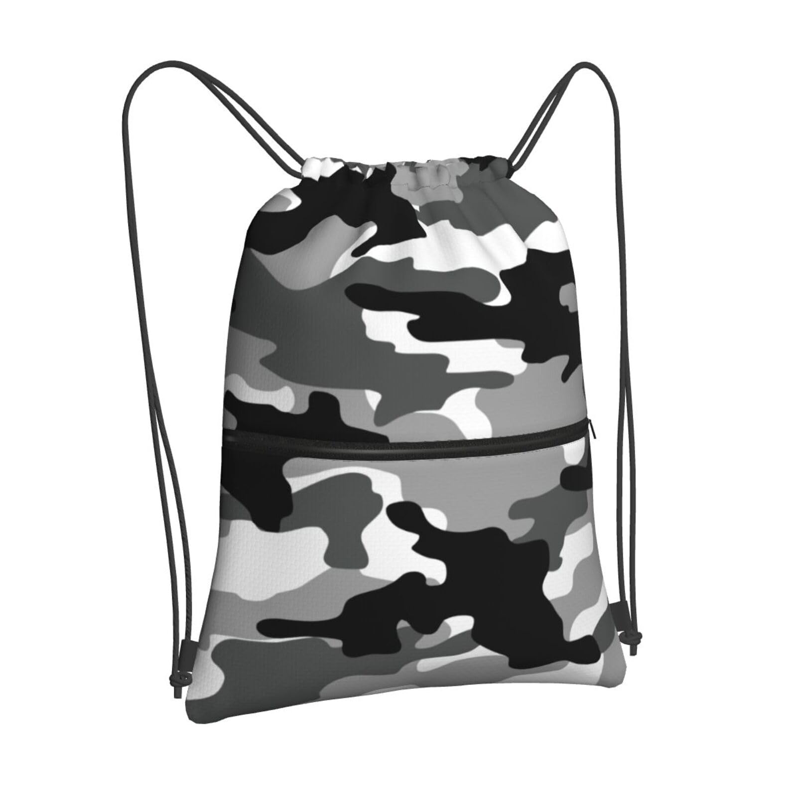 Black White Camo Drawstring bag, Camouflage Men Camping Gym Drawstring Backpack, Women Outdoor Sports Travel Sackpack Bag with Front Zipper Pocket and Inside Zipper Pocket - Can Keep Key or Phone โ image 1