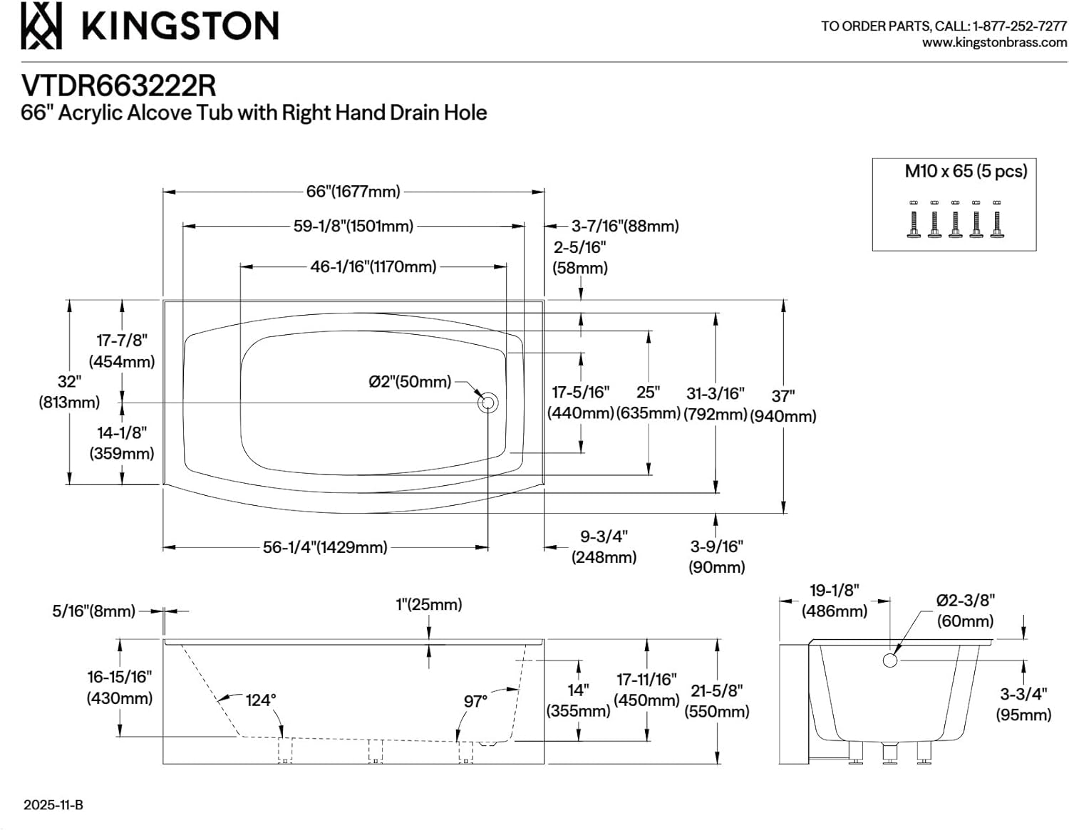 Aqua Eden VTDR663222R 66-Inch Acrylic Curved Apron 3-Wall Alcove Tub with Right Hand Drain, Glossy White