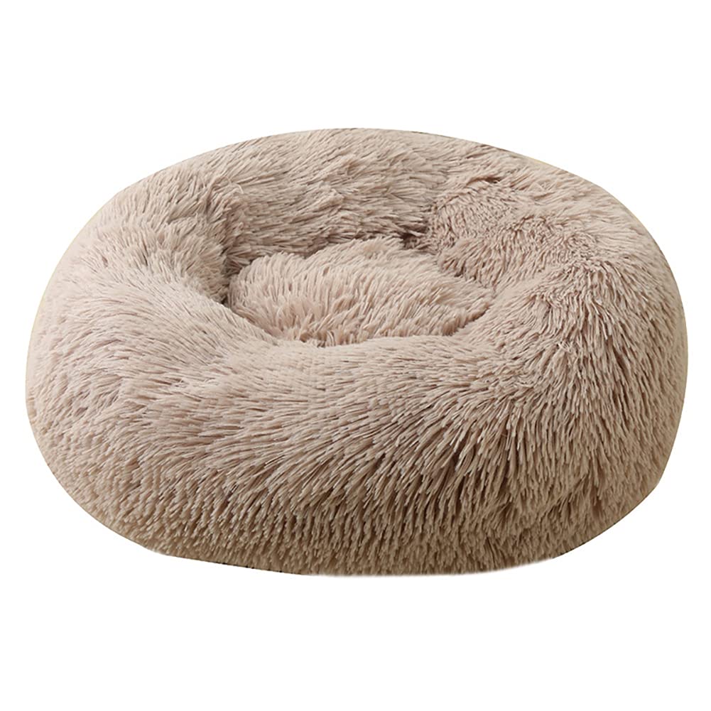 Camas calmantes de pelo sintético para perros, cama calmante para perros y gatos, lavable, redonda, almohada mullida para interiores con parte inferior antideslizante, color degradado, caqui,