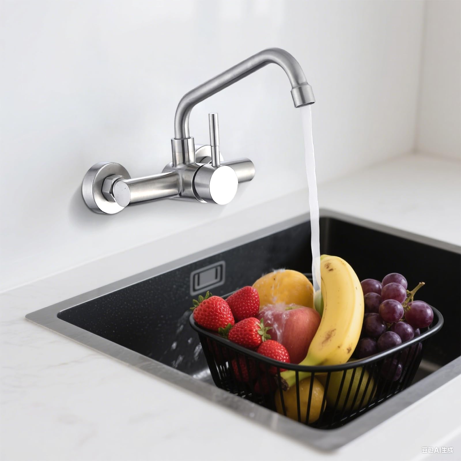 Grifo Cocina de Pared, Grifería de Fregadero Giratorio a 360​°, Grifo de Acero Inoxidable 304 Agua Fría Y Caliente para Fregaderos, Lavabos