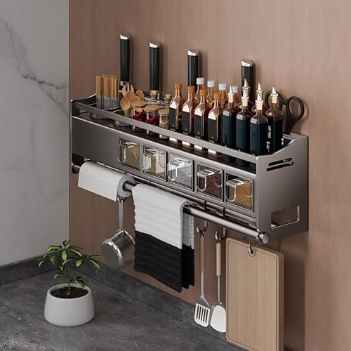 Miniatura 4 de Estante de especias montado en la pared con los estantes de la cocina, organizador del almacenamiento colgante con el tenedor y los ganchos de la