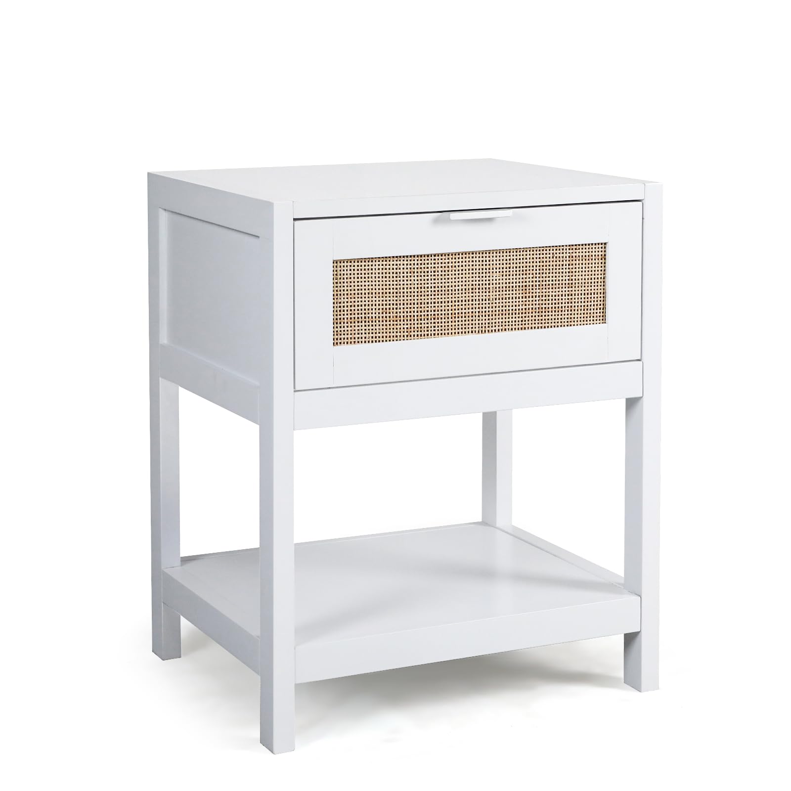 GLUISEUR White Rattan Nightstand with 1 Drawer and Open Shelf, Solid Wood Legs, Boho Bedside Table