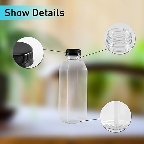 Miniatura 2 de 6 botellas de plástico de 16 onzas con tapas, reutilizables, transparentes, a granel, con tapas negras resistentes a manipulaciones, para jugos,