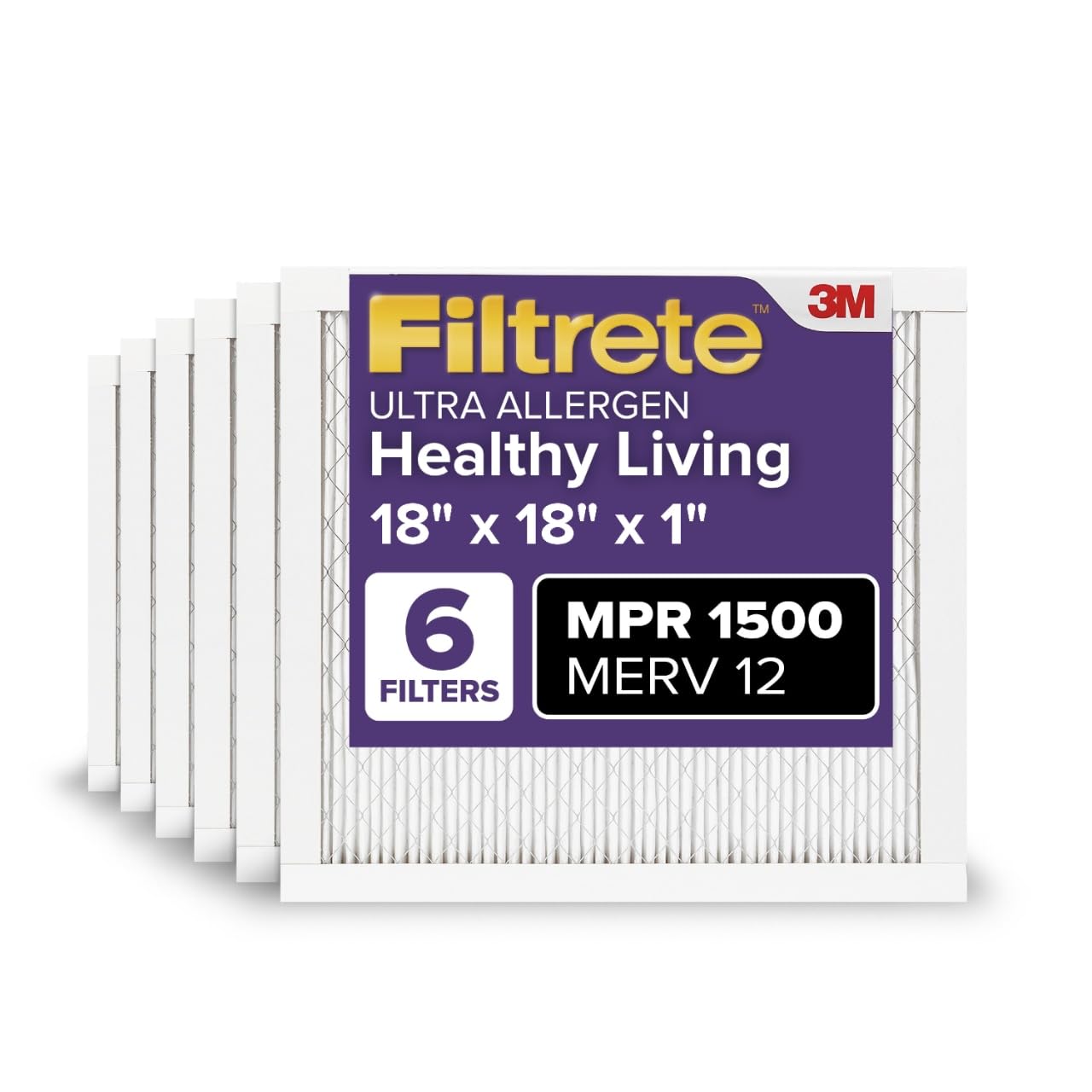 Filtrete 18x18x1 AC Furnace Air Filter, MERV 12, MPR 1500, CERTIFIED asthma & allergy friendly, 3 Month Pleated 1-Inch Electrostatic Air Cleaning Filter, 6-Pack (Actual Size 17.81x17.81x0.78 in)