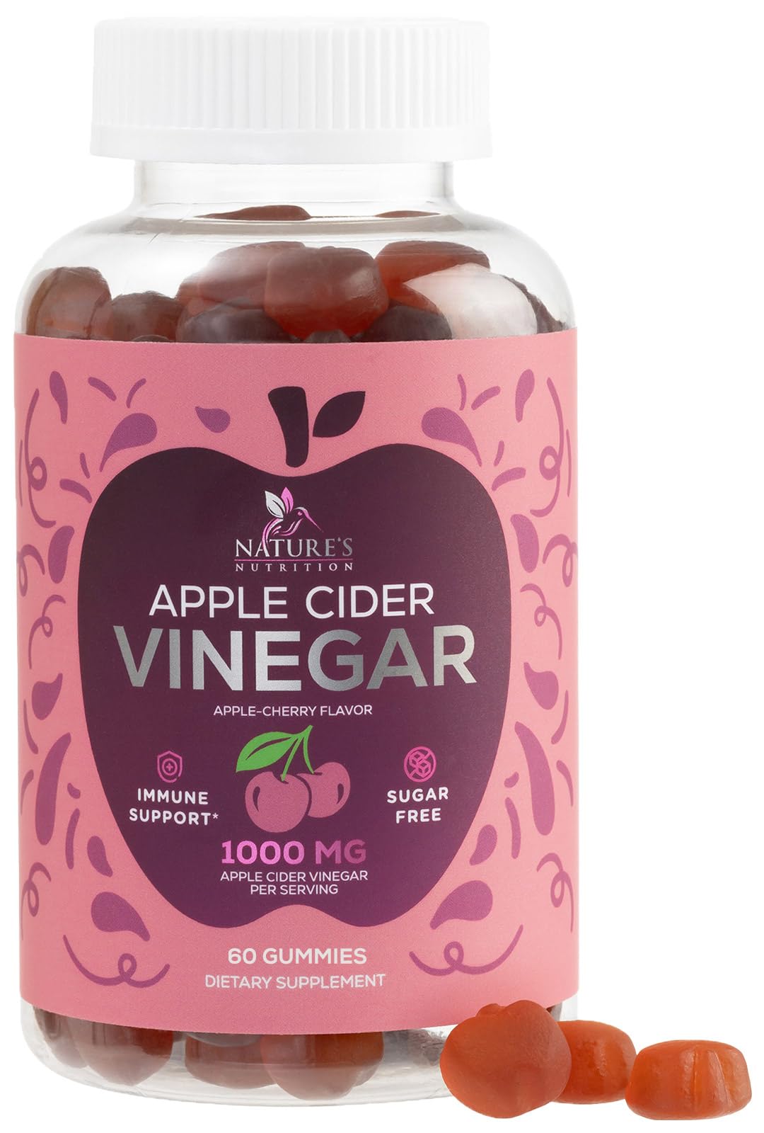 Apple Cider Vinegar Gummies 1000mg - Sugar Free ACV Gummy with Vitamin B12 for Energy Support - Digestion, Detox & Cleanse Support Supplement - Gluten-Free, Keto Friendly, Zero Sugar - 60 Gummies 60 Count (Pack of 1)
