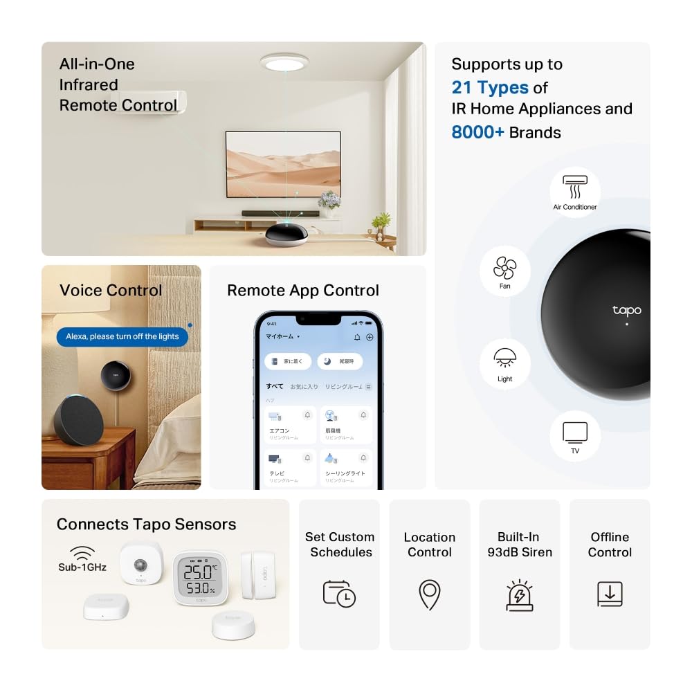 Tapo TP-Link Smart IR & IoT Hub, télécommande Infrarouge Tout-en-Un, certifié matière, compatibilité supérieure, contrôle de localisation, contrôle Hors Ligne, Commande vocale, sirène intégrée (Tapo