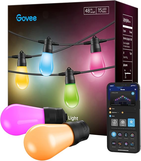 Govee Bluetooth 48ft RGBW Outdoor String Lights, Patio Lights App Control, IP65 Waterproof Color