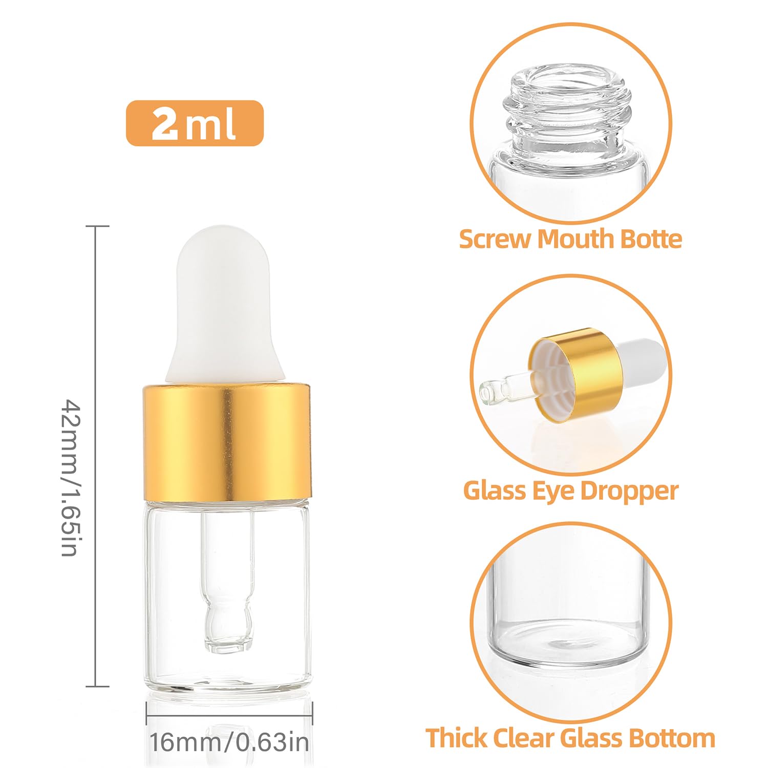 50 szt. mini szklanych buteleczek z kroplomierzem 2 ml – złote zakrętki, idealne na nalewki, olejki eteryczne, perfumy i płyny – z pipetą i lejkiem
