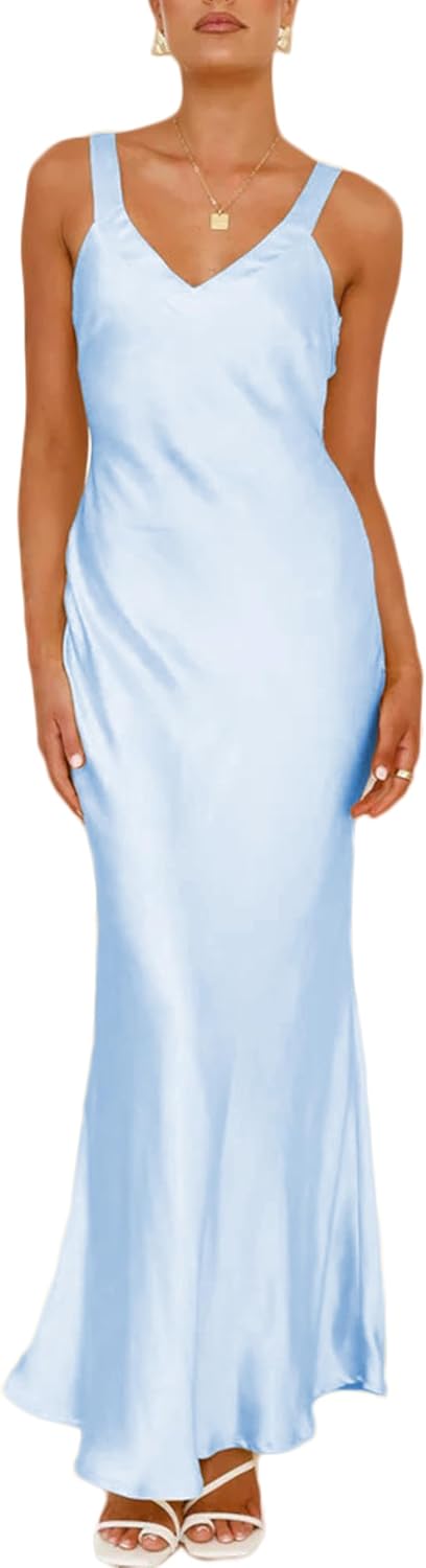 Satin V Neck Maxi Dress for Women Wedding Guest 2026 Summer Formal Elegant Cocktail Sleeveless Long Dresses Backless